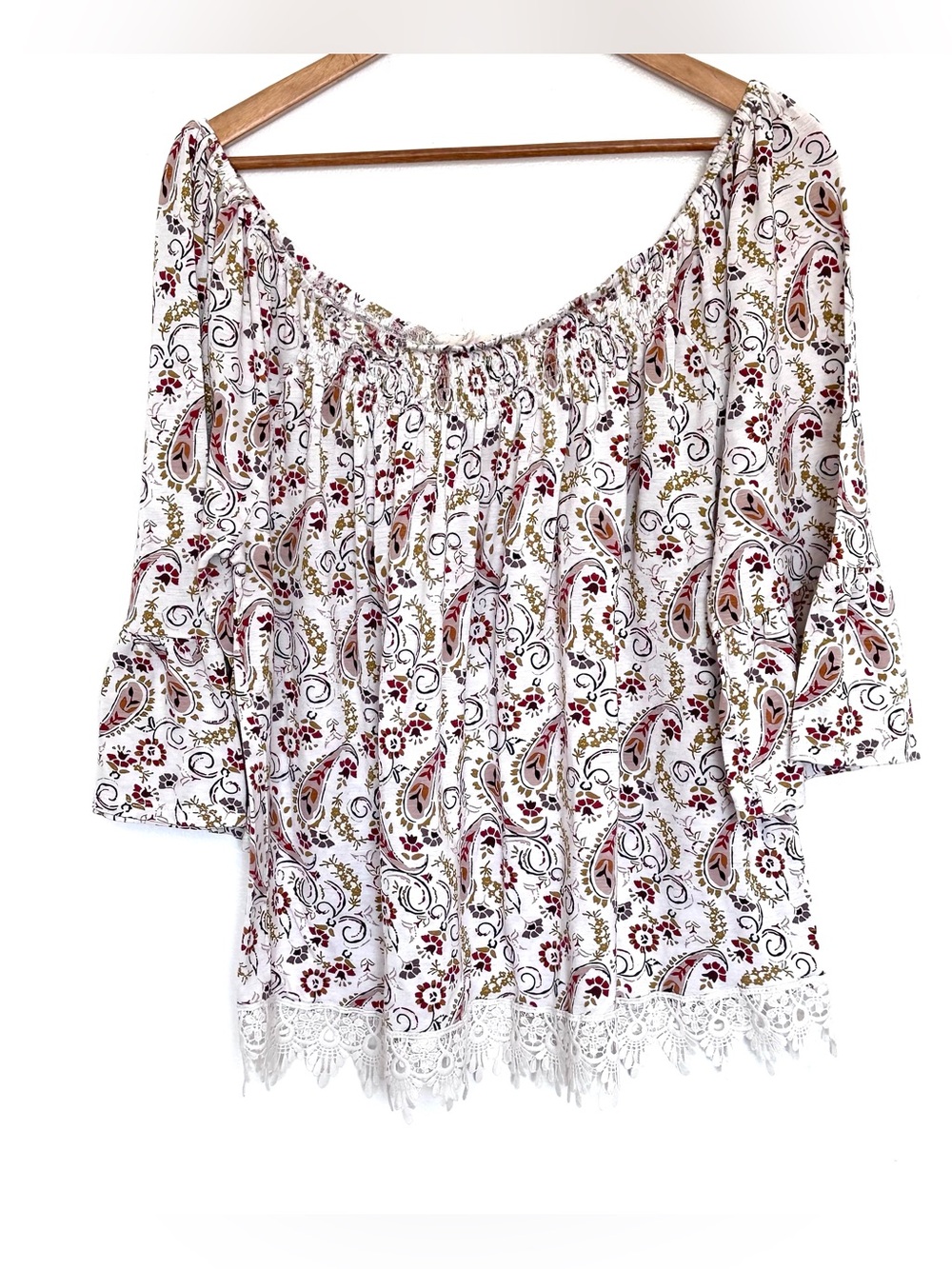 Pie In The Sky Plus Shirt Women’s 3X Paisley 3/4 Sleeve Off The Shoulder Top